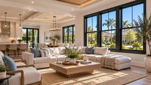 Bright coastal living room featuring large black-framed double-hung windows overlooking tropical landscaping