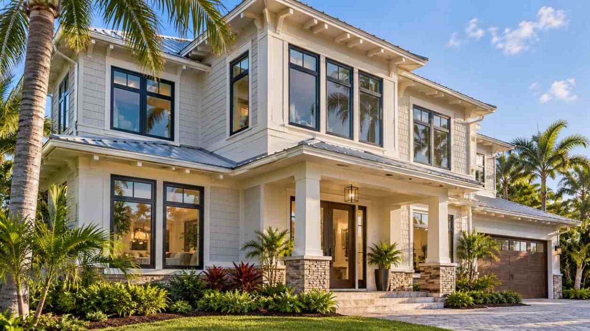 Coastal home exterior featuring large black-framed windows surrounded by palm trees and landscaping