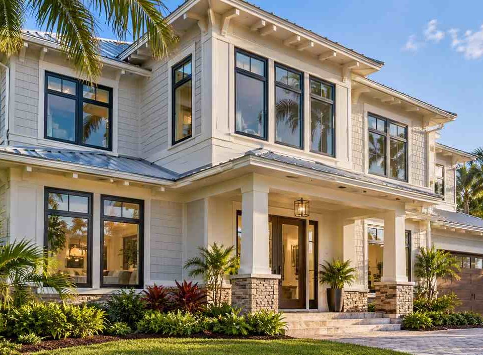 Coastal home exterior featuring large black-framed windows surrounded by palm trees and landscaping
