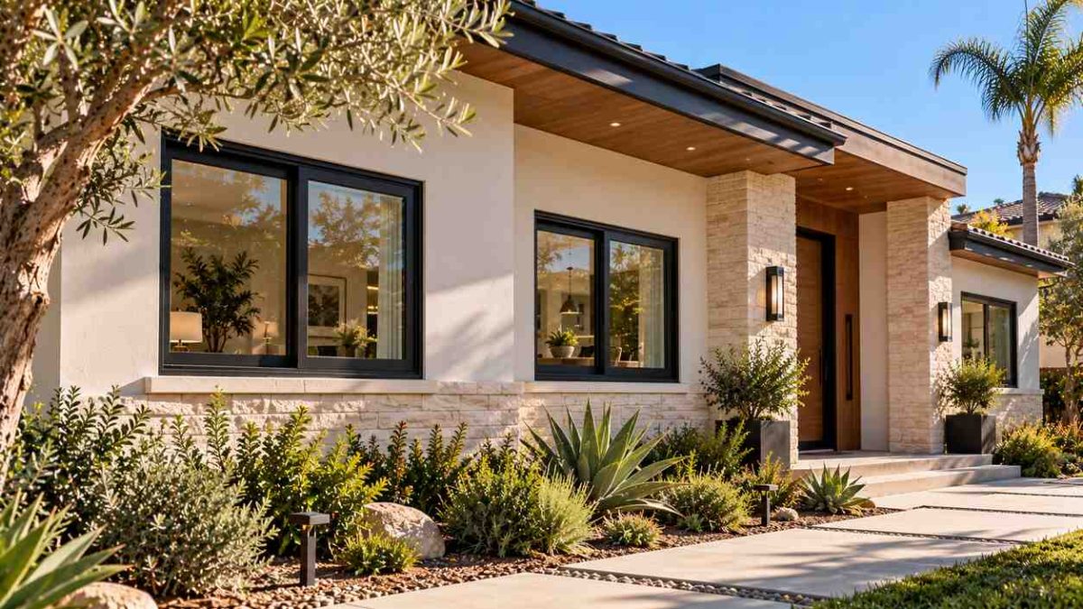 Modern coastal home exterior featuring black-framed windows, stone accents, and tropical landscaping