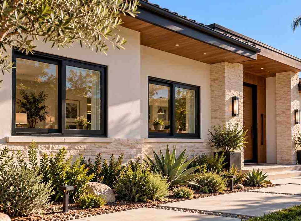 Modern coastal home exterior featuring black-framed windows, stone accents, and tropical landscaping