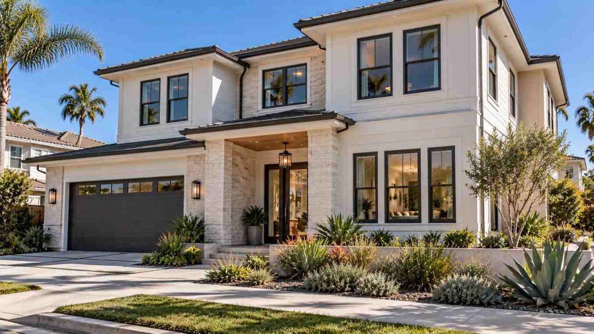 Modern two-story coastal home featuring black-framed double-hung windows and tropical landscaping