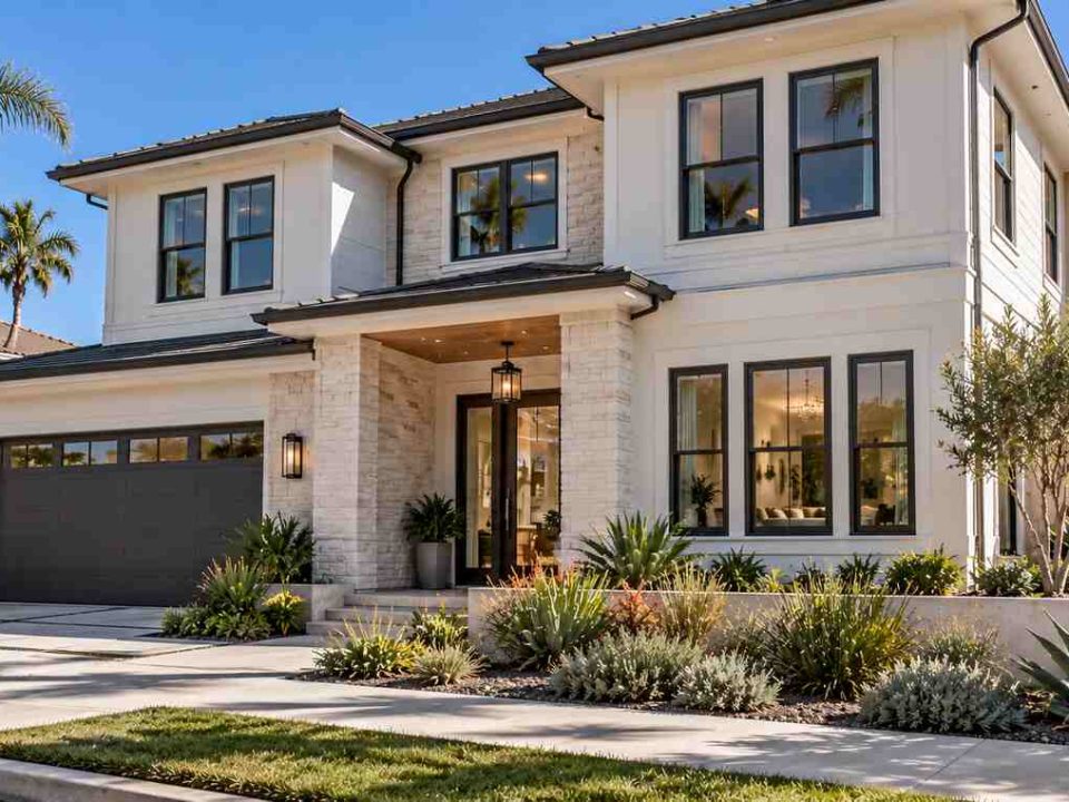 Modern two-story coastal home featuring black-framed double-hung windows and tropical landscaping