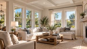 Sunlit living room featuring white-framed windows overlooking lush tropical residential landscaping