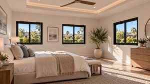 Sunlit modern bedroom featuring black-framed windows overlooking tropical residential landscaping
