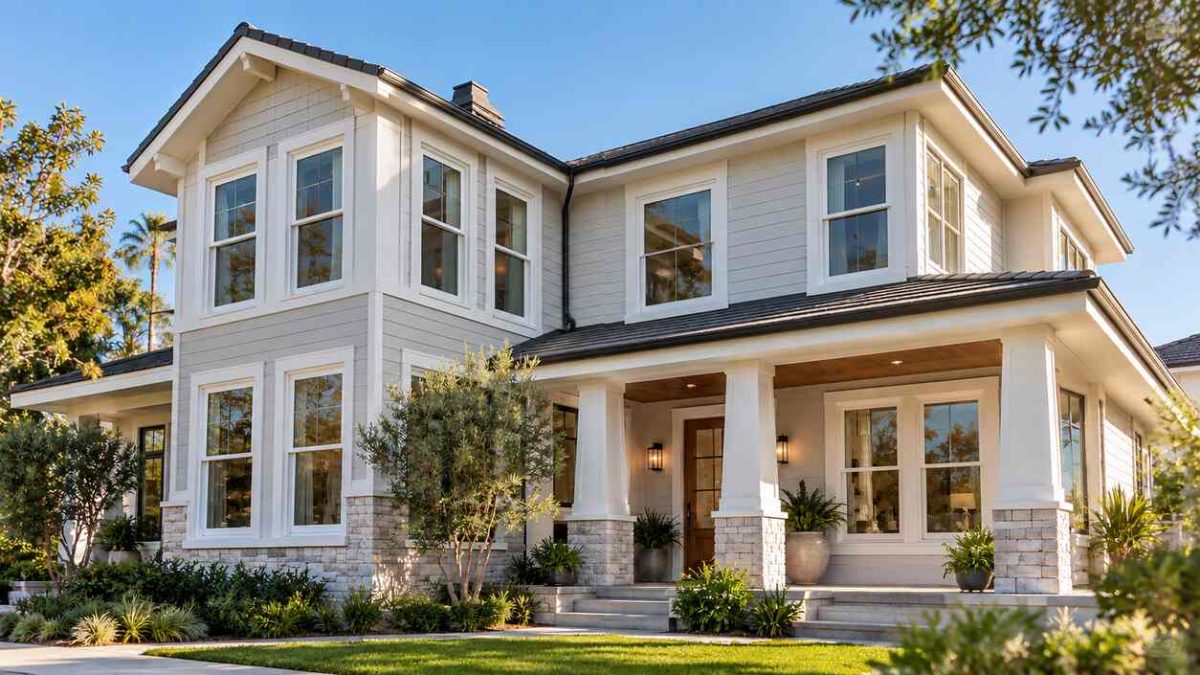 Two-story modern farmhouse exterior featuring white-framed windows and landscaped front garden