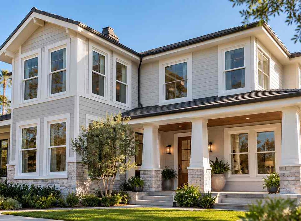 Two-story modern farmhouse exterior featuring white-framed windows and landscaped front garden